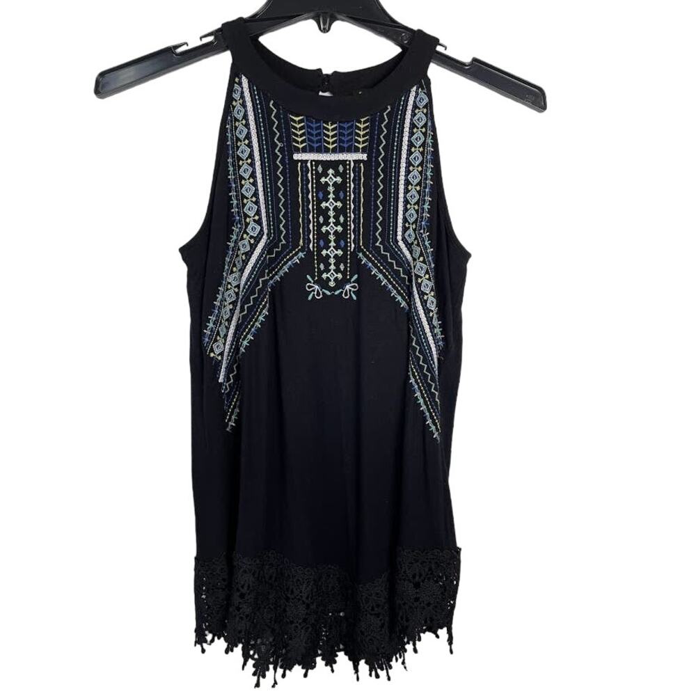 Lee Embroidered Top Womens Small Black Sleeveless Shirt Crochet Flowy Blouse
